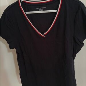 Tommy Hilfiger Women's Navy V-Neck Tee with Stripe Trim